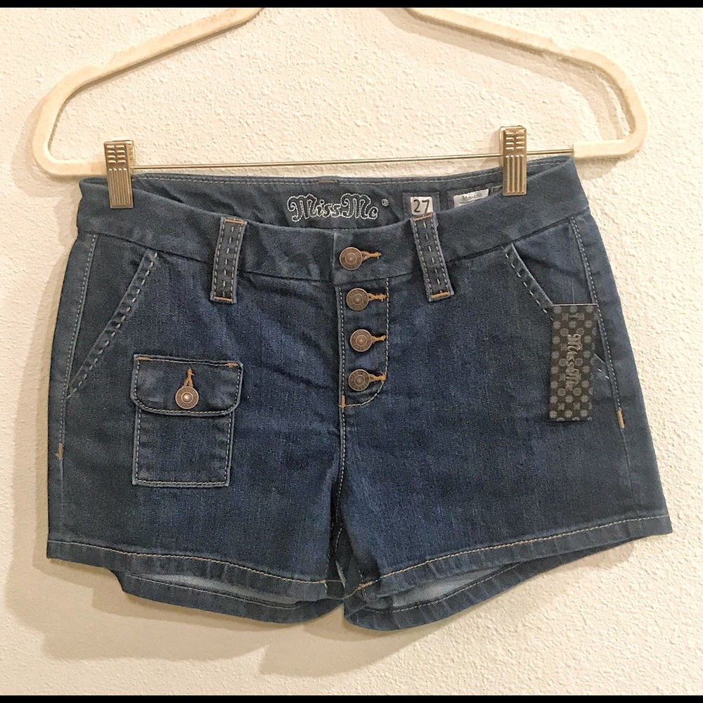 Miss Me Med. Blue Mid Rise Button Fly Shorts, NWT